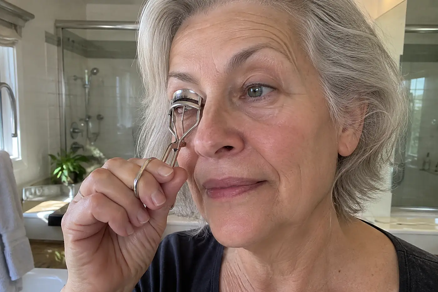 An eyelash curler gripping mascara-coated lashes is centered on a woman in her sixties at her bathroom sink, with no writing visible.