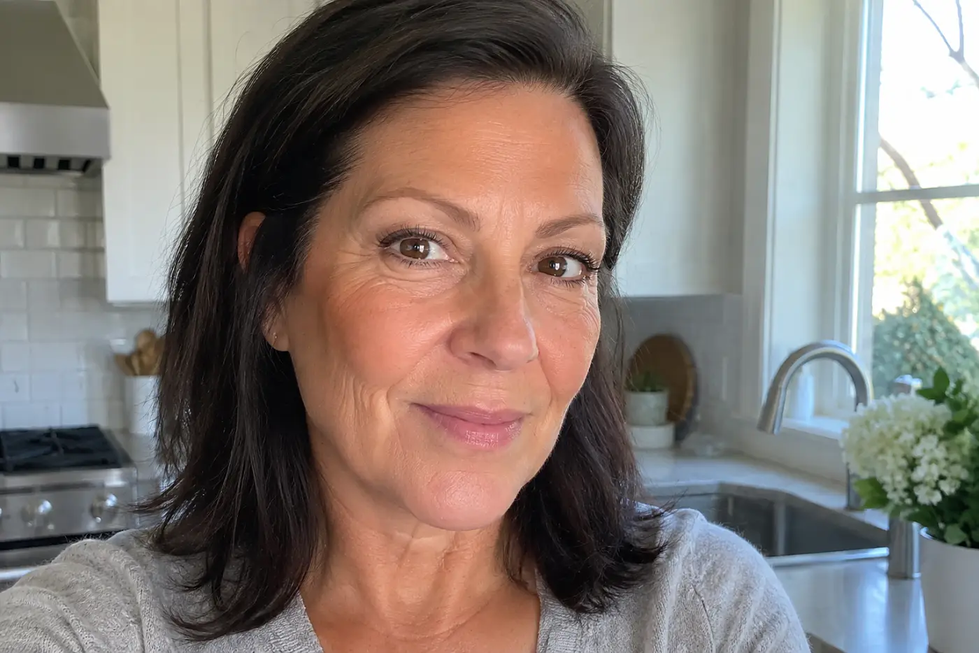 Bronzer across the entire face is visible on a woman in her fifties beside a sunlit kitchen window, with no writing visible.
