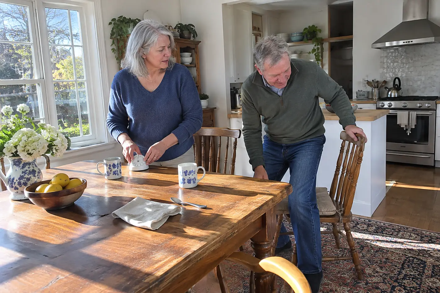 Woman setting a kitchen timer beside two mugs as her husband sits down.