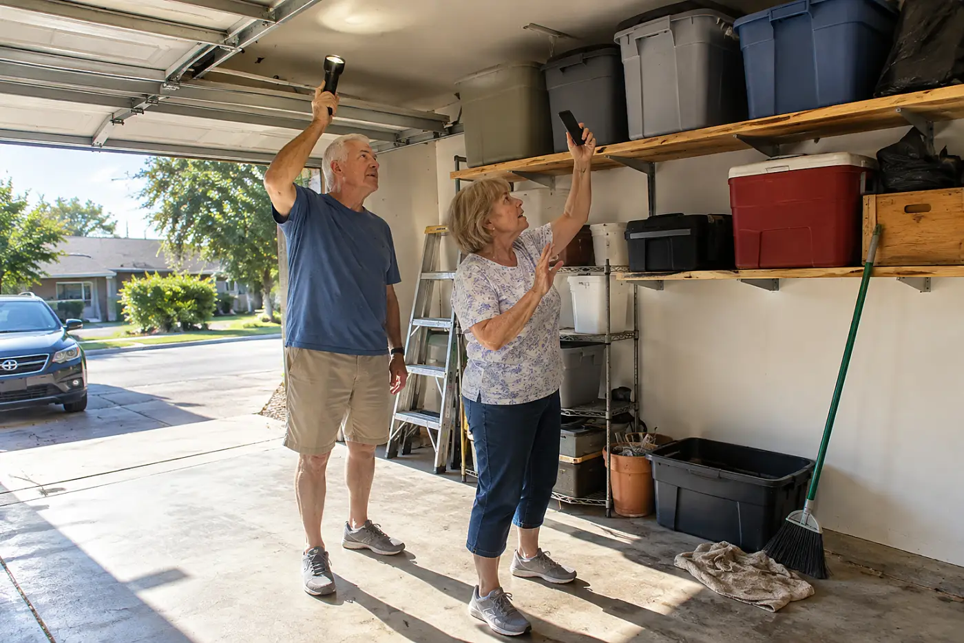 Woman photographing boxes on a garage shelf while her husband holds a flashlight.