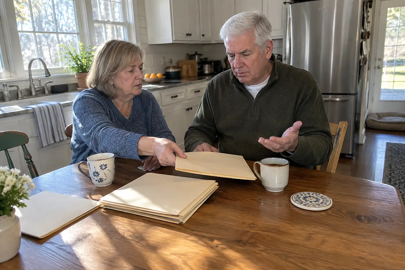 Couple reviewing phone bills and bank statements at a kitchen table.