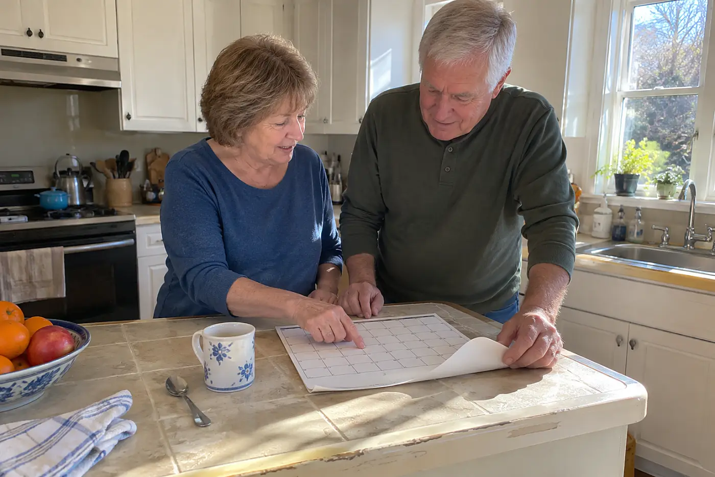 Couple looking at an old family calendar together at a kitchen counter.