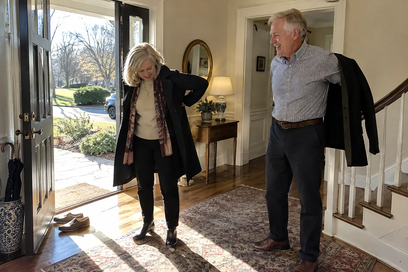 Couple putting on coats before leaving their front hall for dinner with friends.