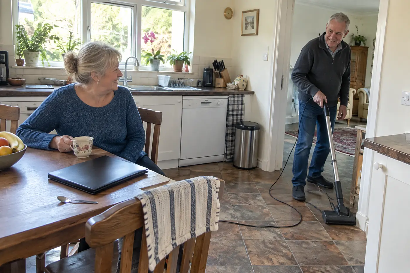 Woman reading at a kitchen table while her husband carries a vacuum through the doorway.