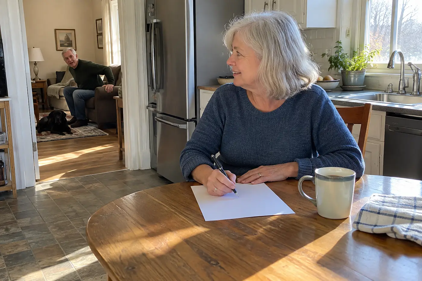 Woman writing a note at the kitchen table while her husband sits in another room.
