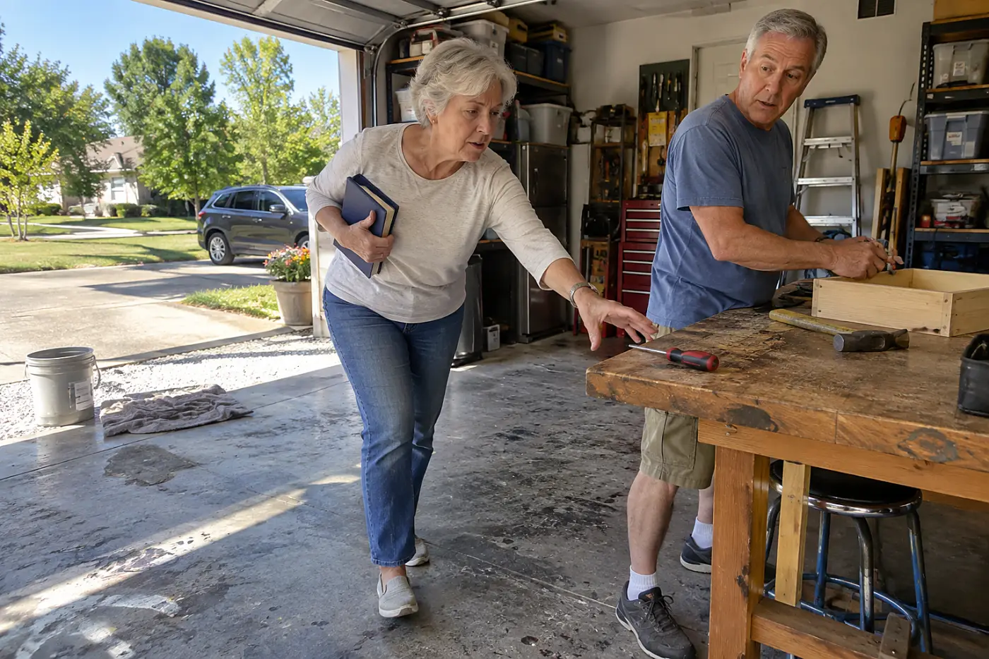 Woman carrying a library book home while her husband works on a table in the garage.