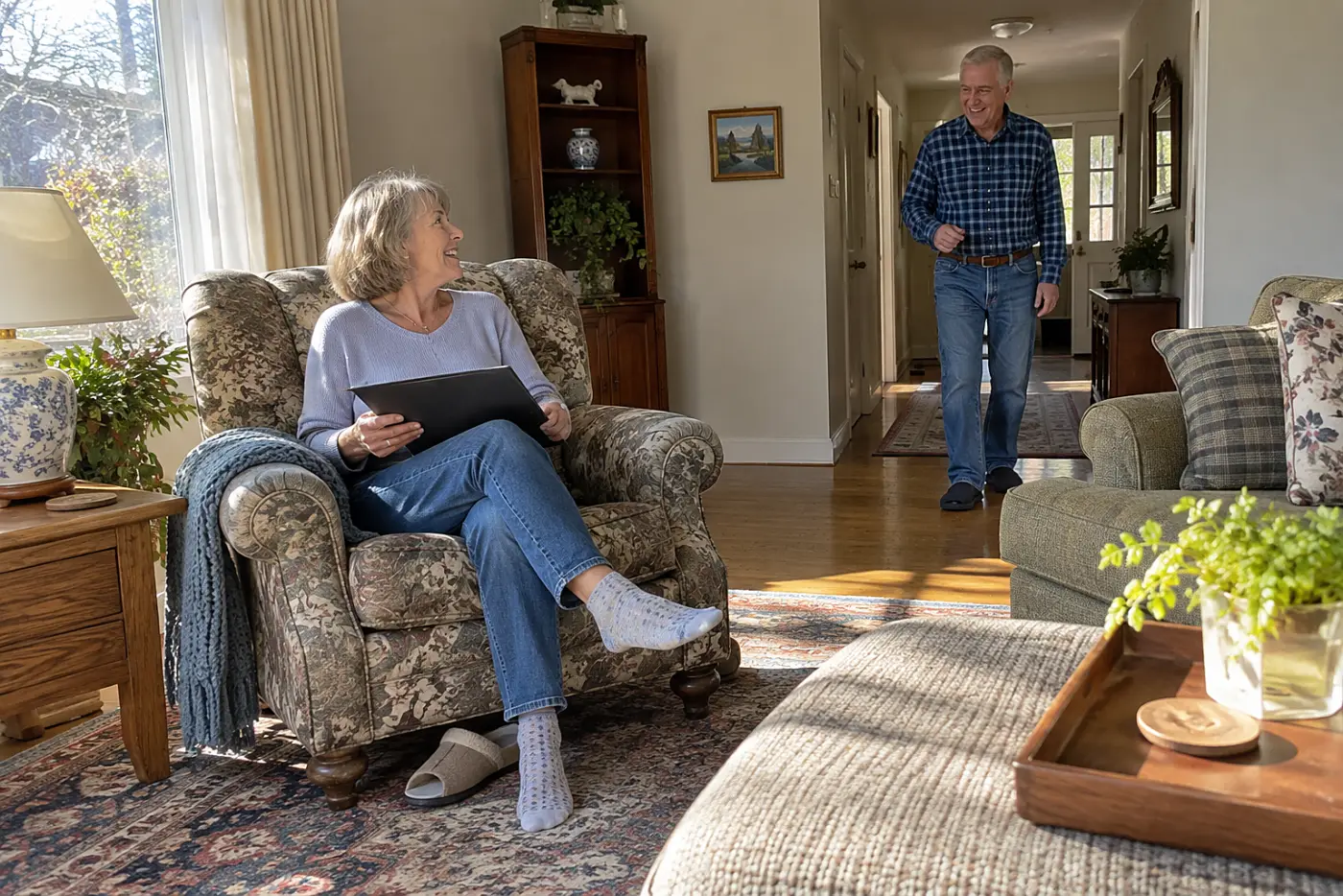 Woman reading alone in a sunlit living room while her husband walks through the hall.