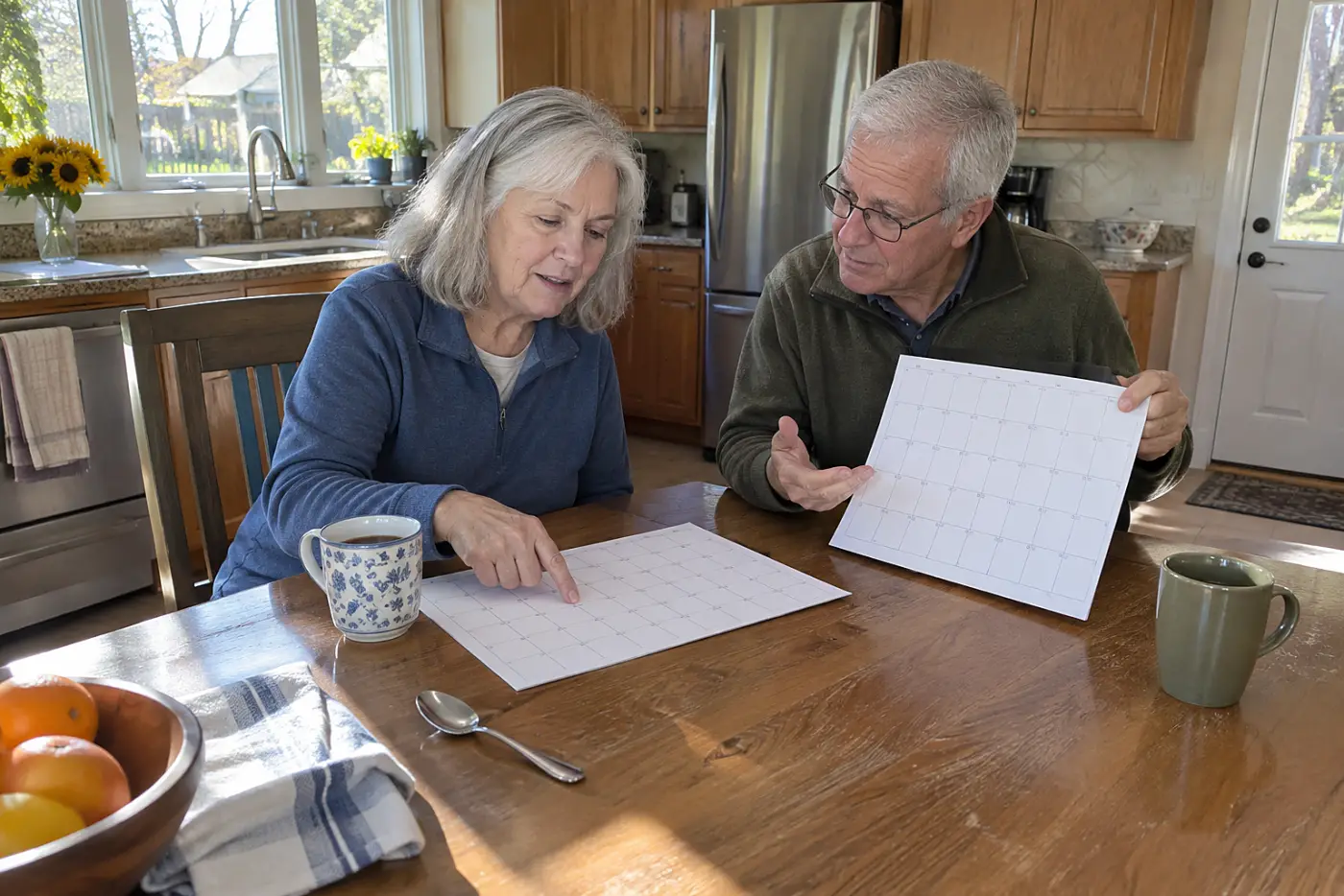 Woman comparing calendars with her husband at a kitchen table.