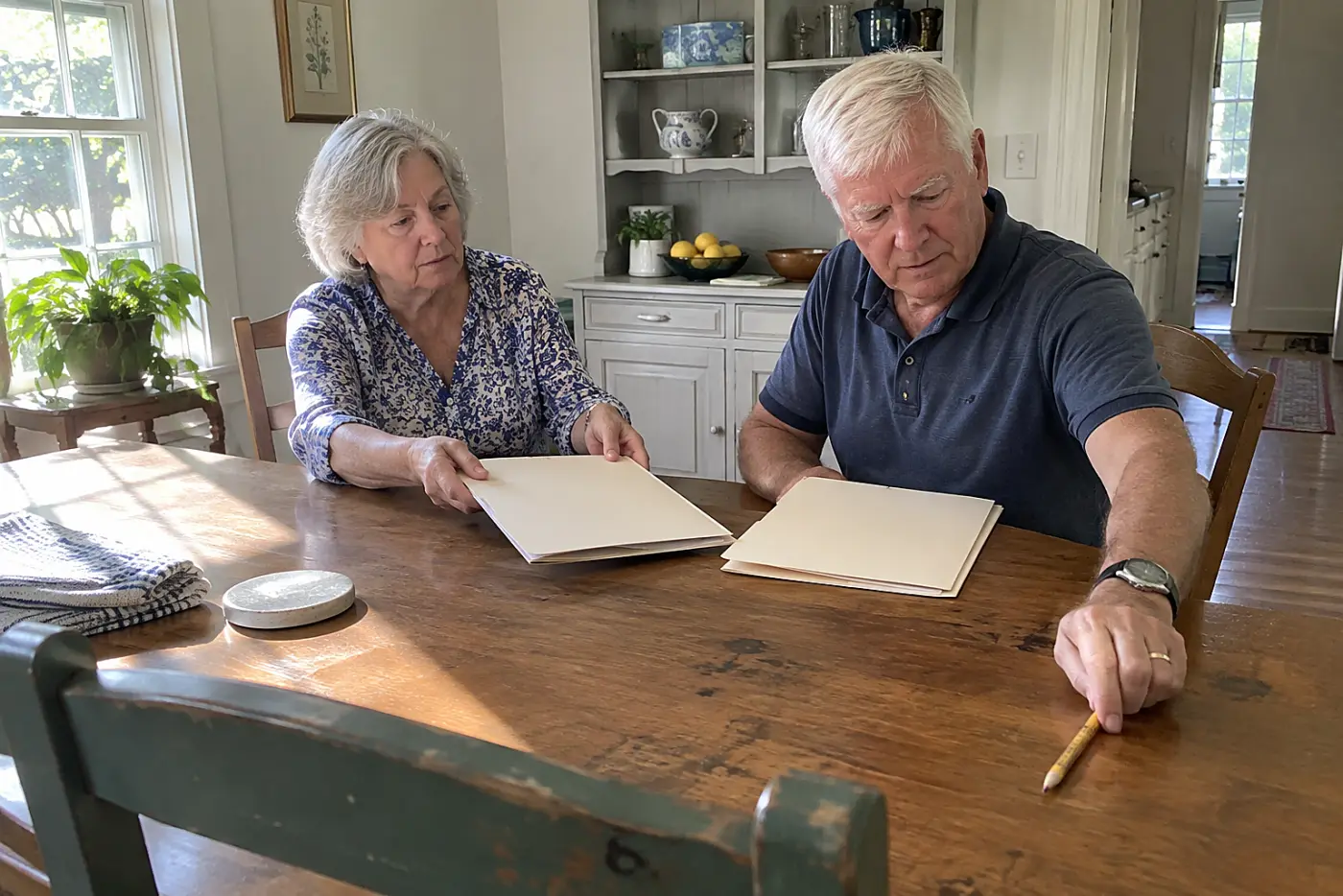 Couple reviewing household bills at the dining room table.