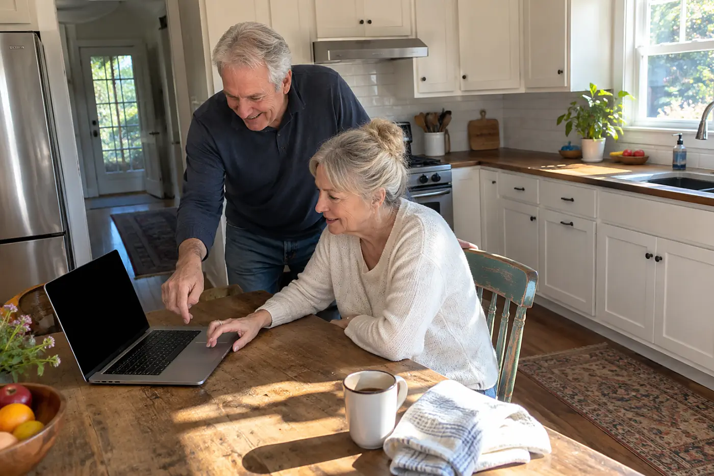 Older woman checking her Medicare account on a laptop at her kitchen table.