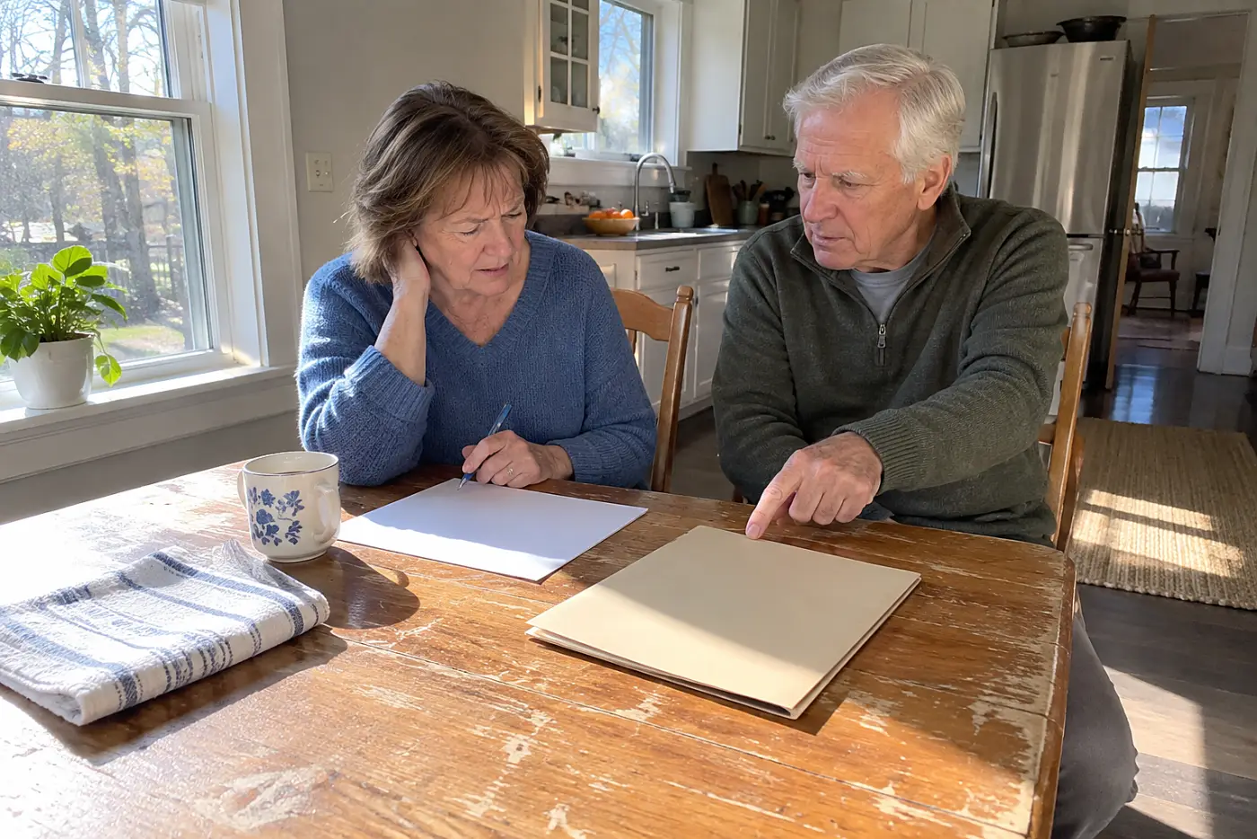 Older woman writing a plan limit on paper at her table.