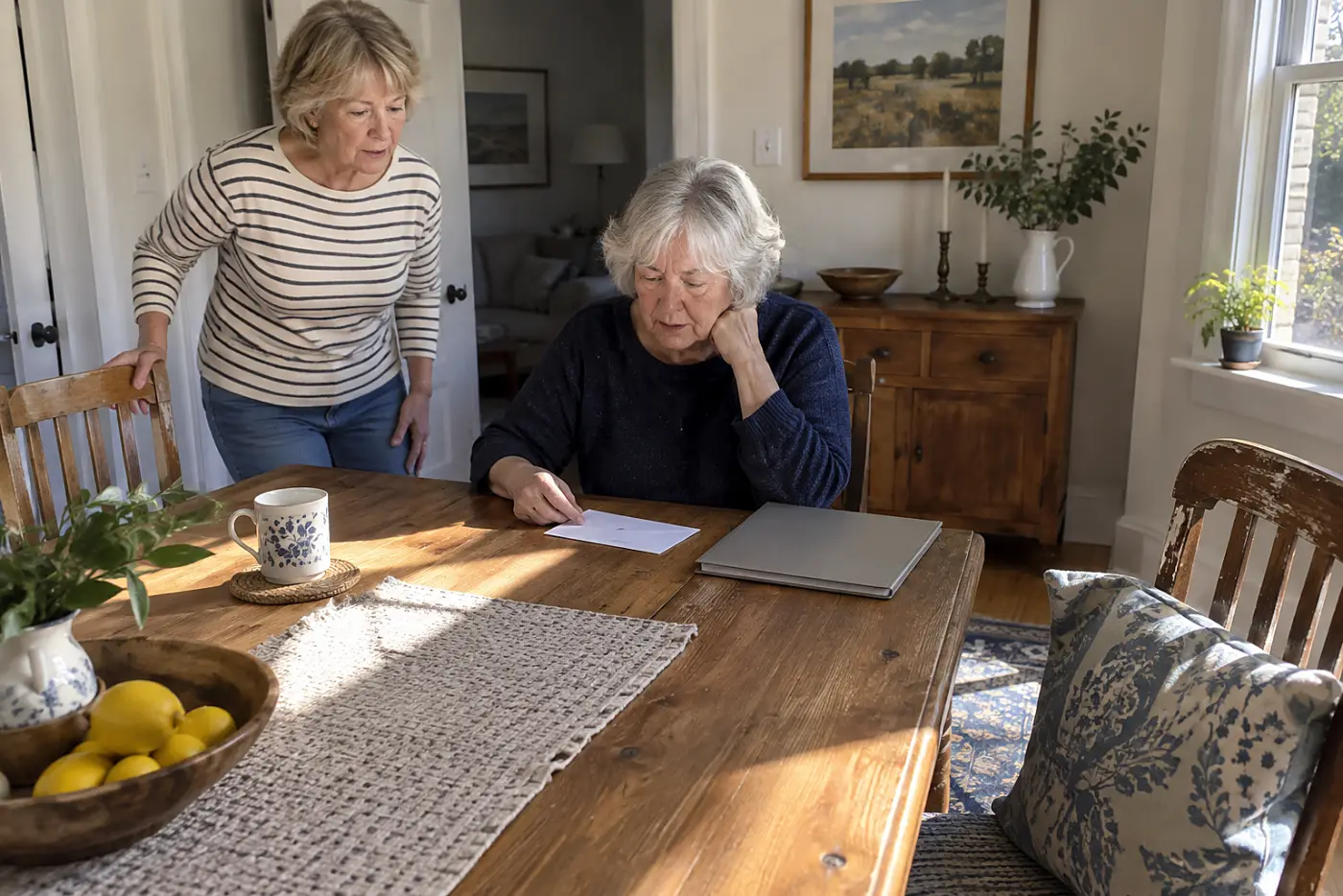 Older woman examining a dental bill beside a plan booklet.