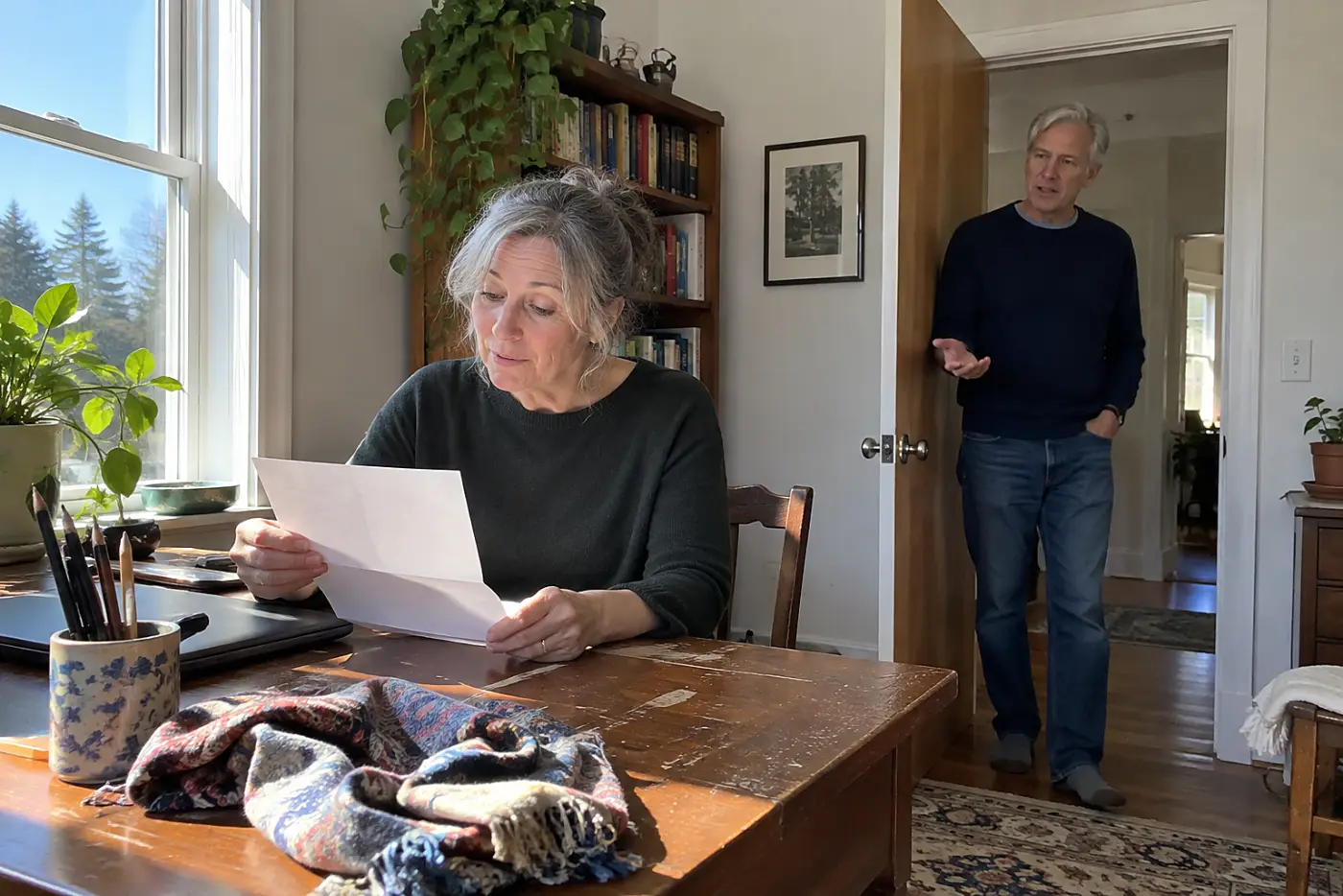 Older woman reading a policy renewal notice at her desk.