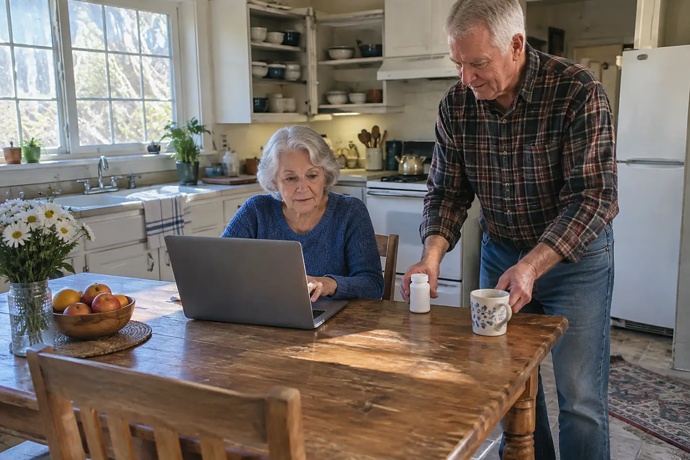 Older woman entering pharmacy details on her laptop in her kitchen.