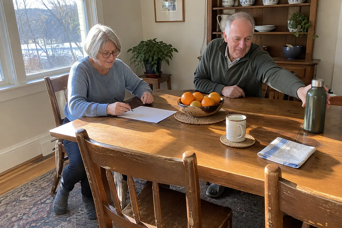 Older woman marking a drug list with a pen at her table.