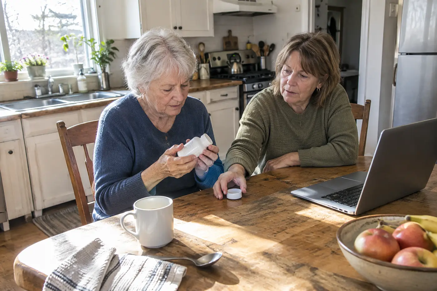 Older woman reading a prescription label beside her laptop.