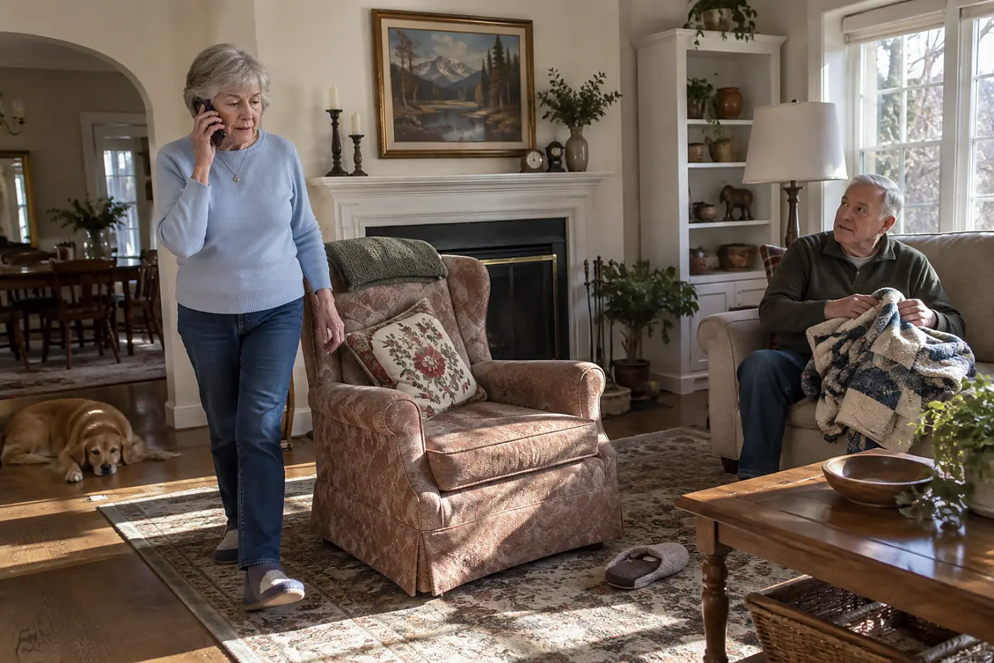 Older woman calling a doctor’s office from her living room.