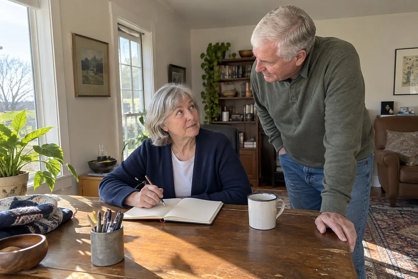 Older woman writing visit costs in a notebook at her desk.