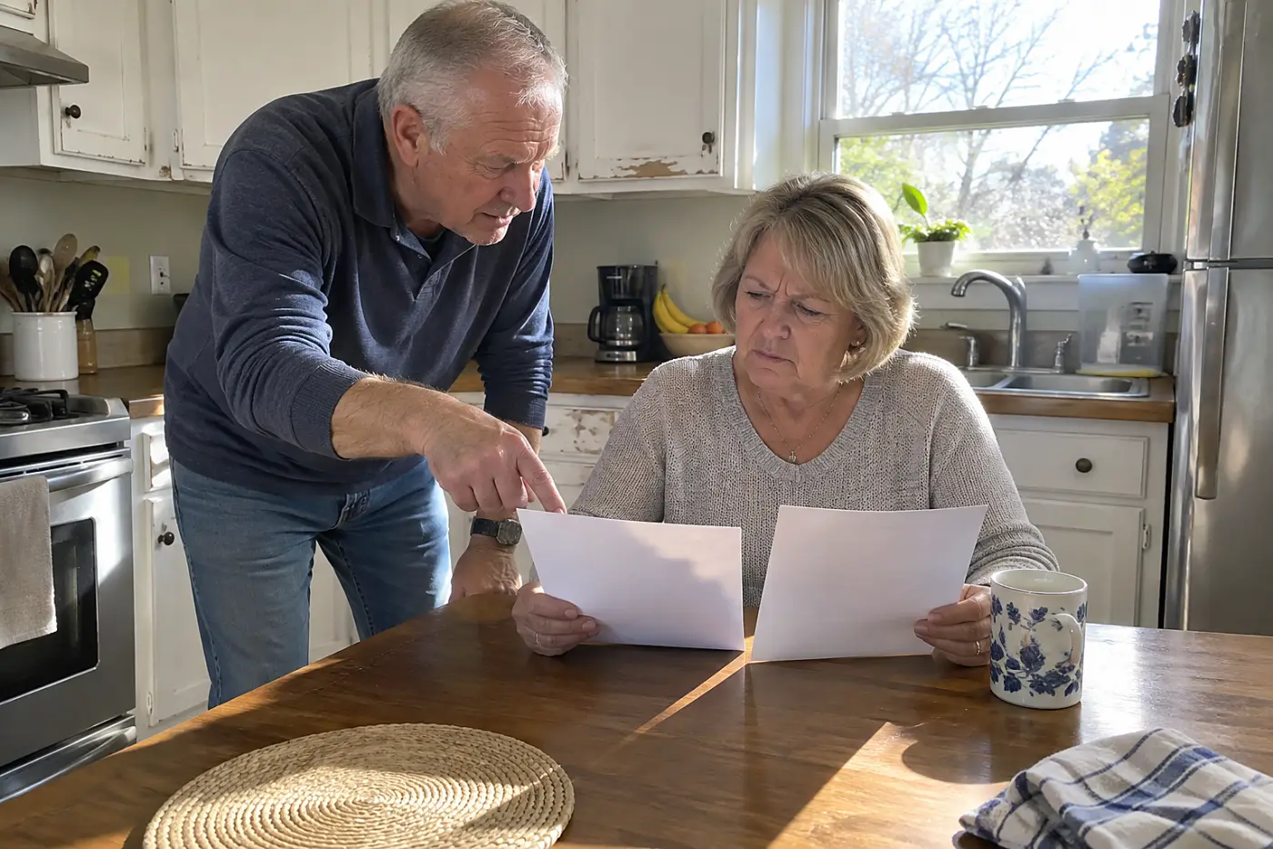 Older woman comparing two plan documents at her kitchen table.