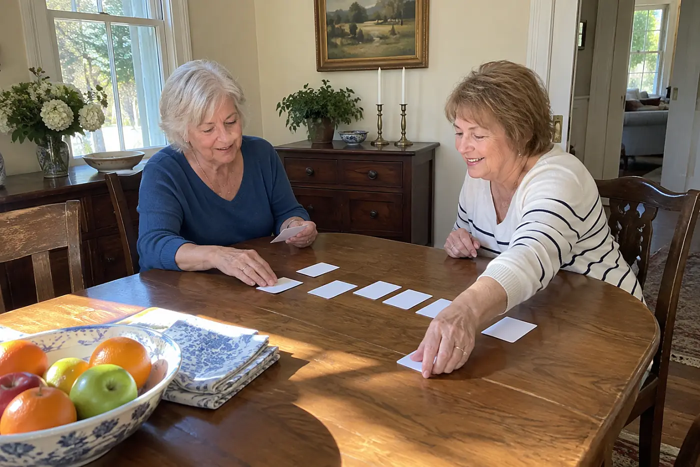 Older woman arranging insurance cards on her dining room table.