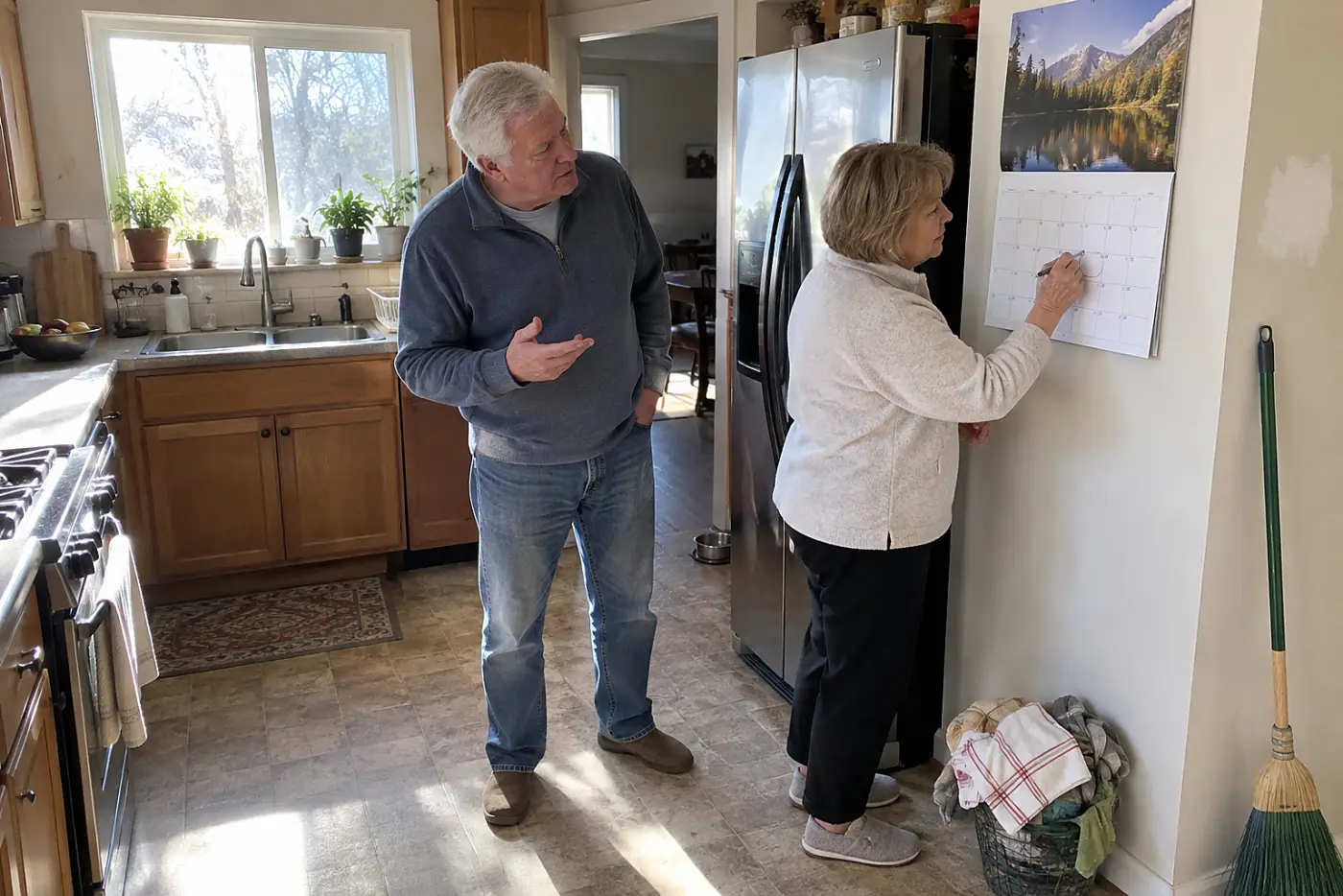 Older woman circling dates on a wall calendar beside her refrigerator.