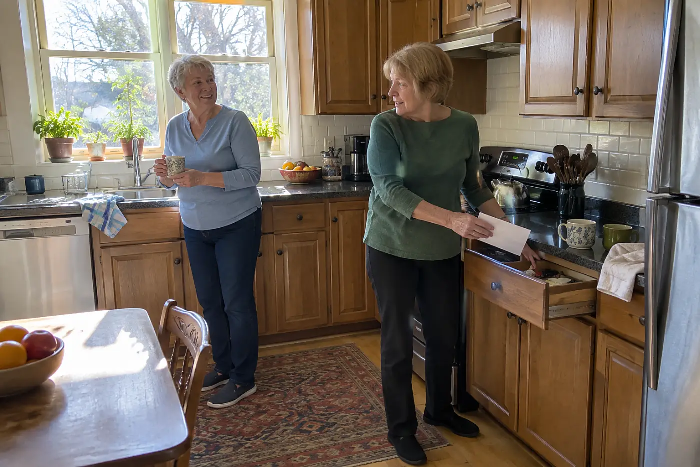 Older woman lifting a folded plan notice from a kitchen drawer.
