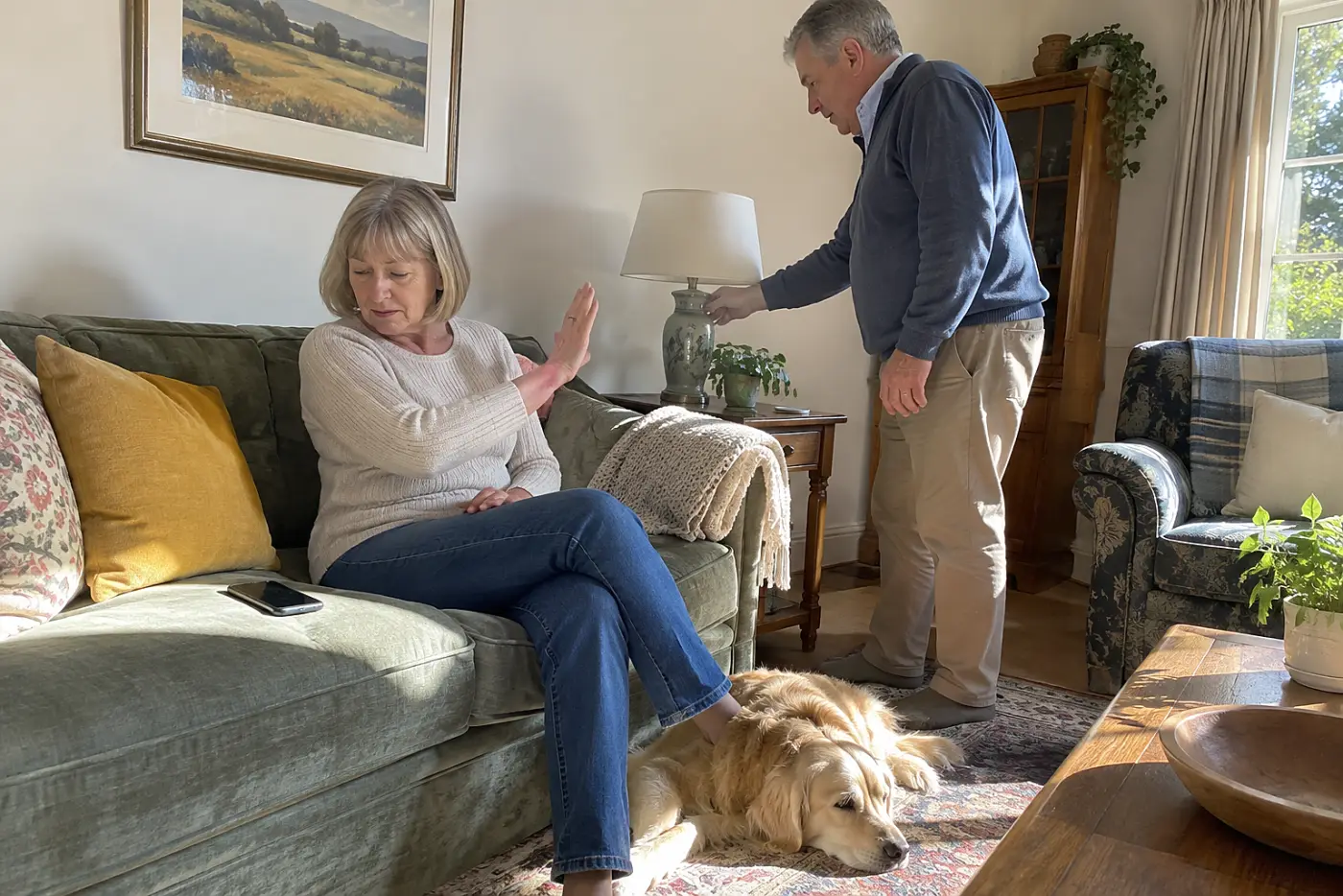 Older woman reading a plan selection on her phone at home.