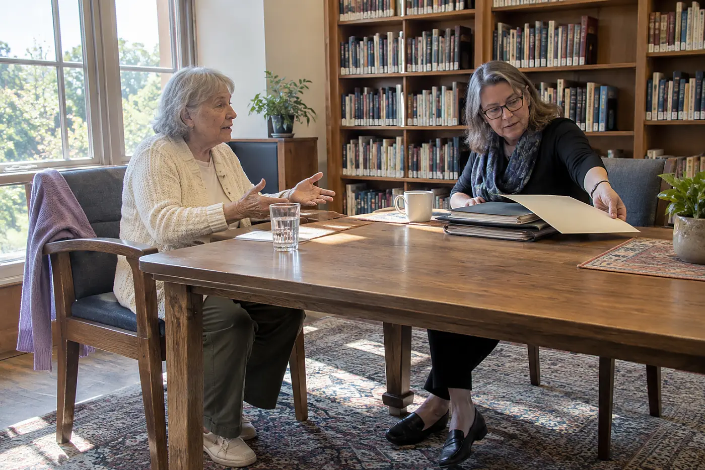 Older woman speaking with a counselor across a library table.