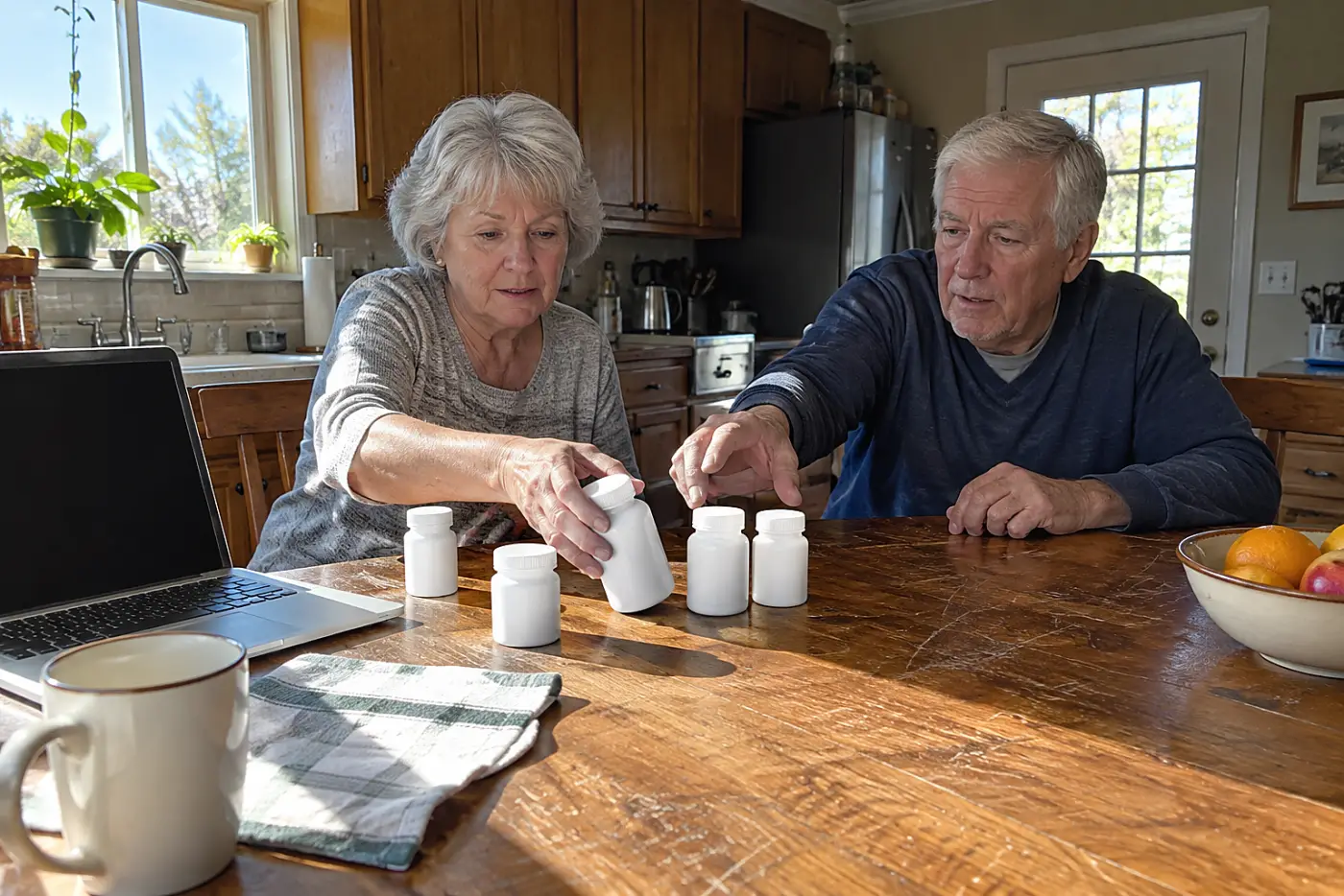 Older woman arranging prescription bottles beside her laptop.