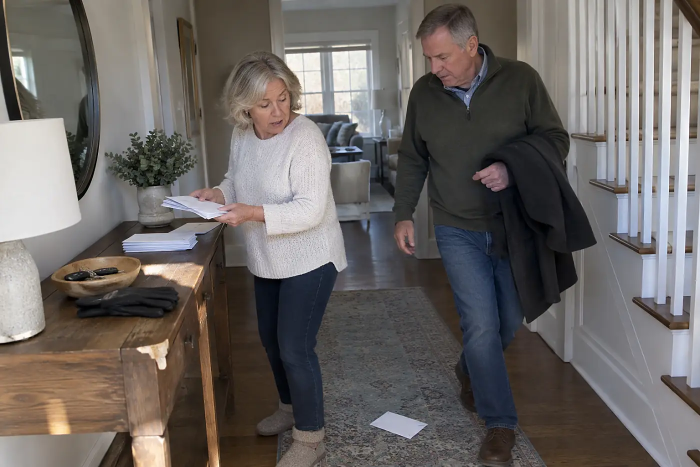 Older woman sorting insurance mail on a hallway console.