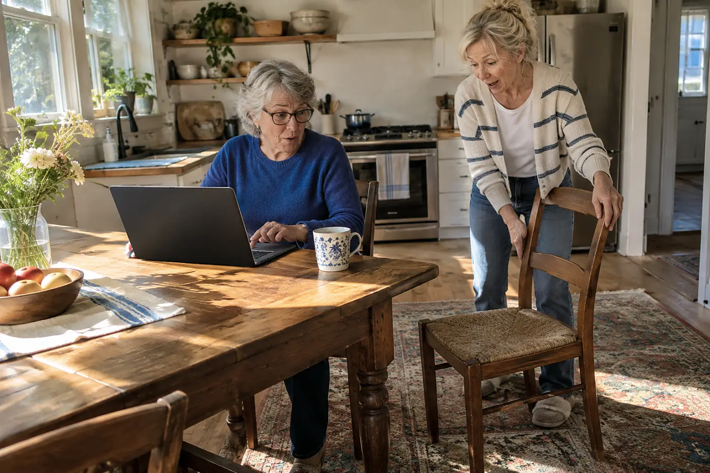 Older woman reviewing an application on her laptop at her kitchen table.