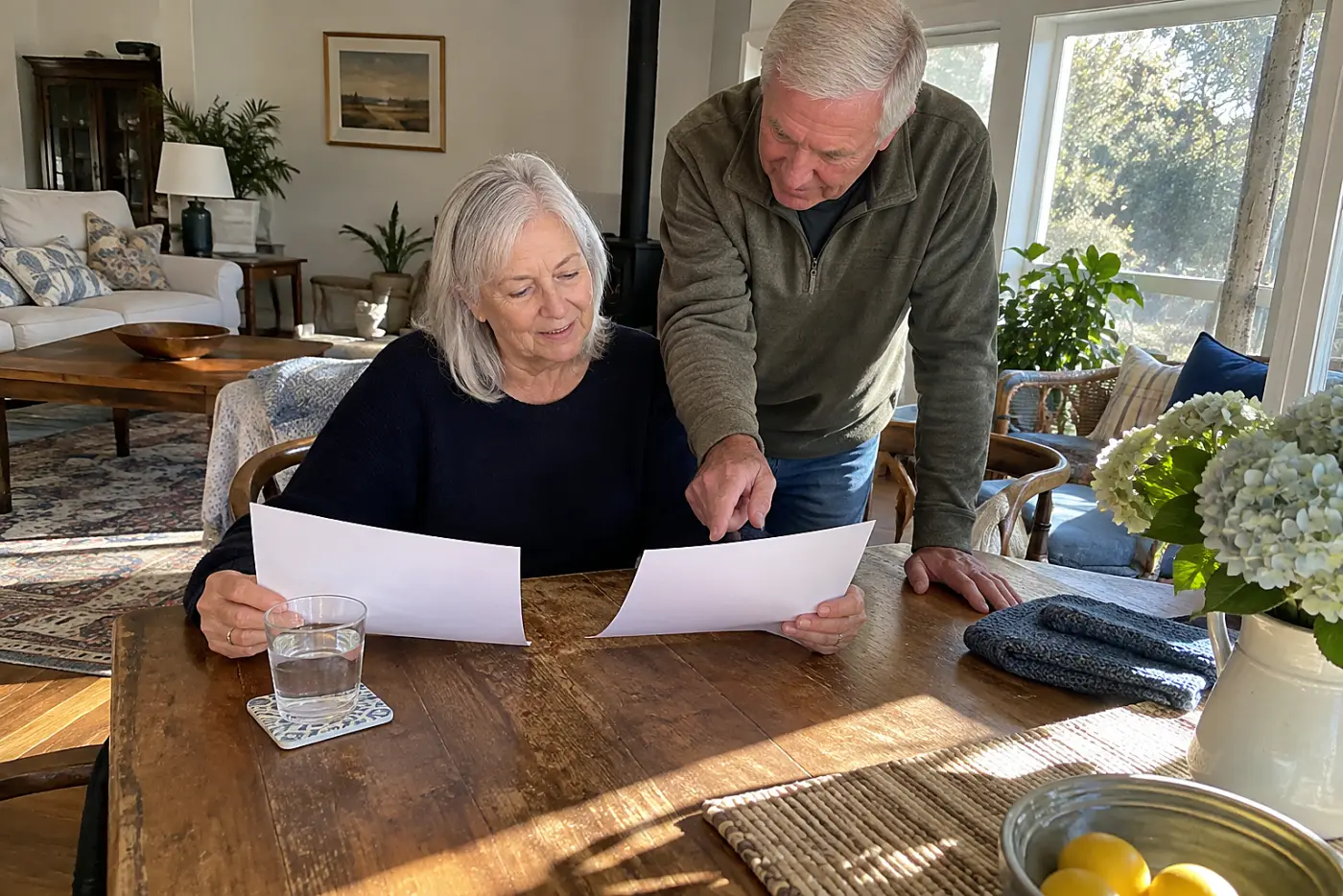 Older woman comparing a benefit notice with a bank statement at home.