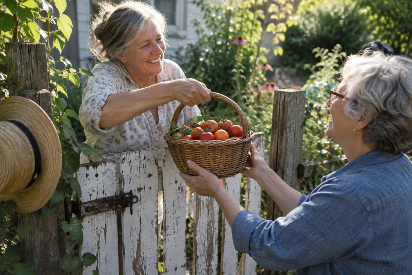 Woman handing basket of tomatoes to neighbor over a weathered garden gate