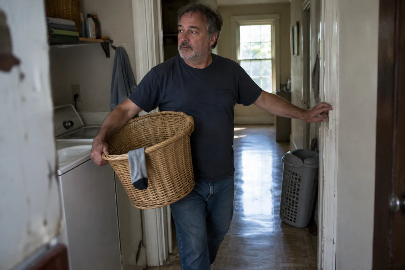 Man pausing in doorway with empty laundry basket, hand on light switch