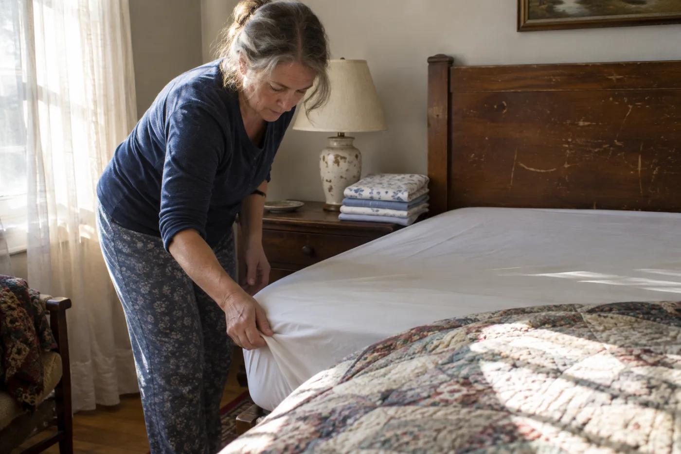 Woman tucking a fitted sheet over a mattress in morning light