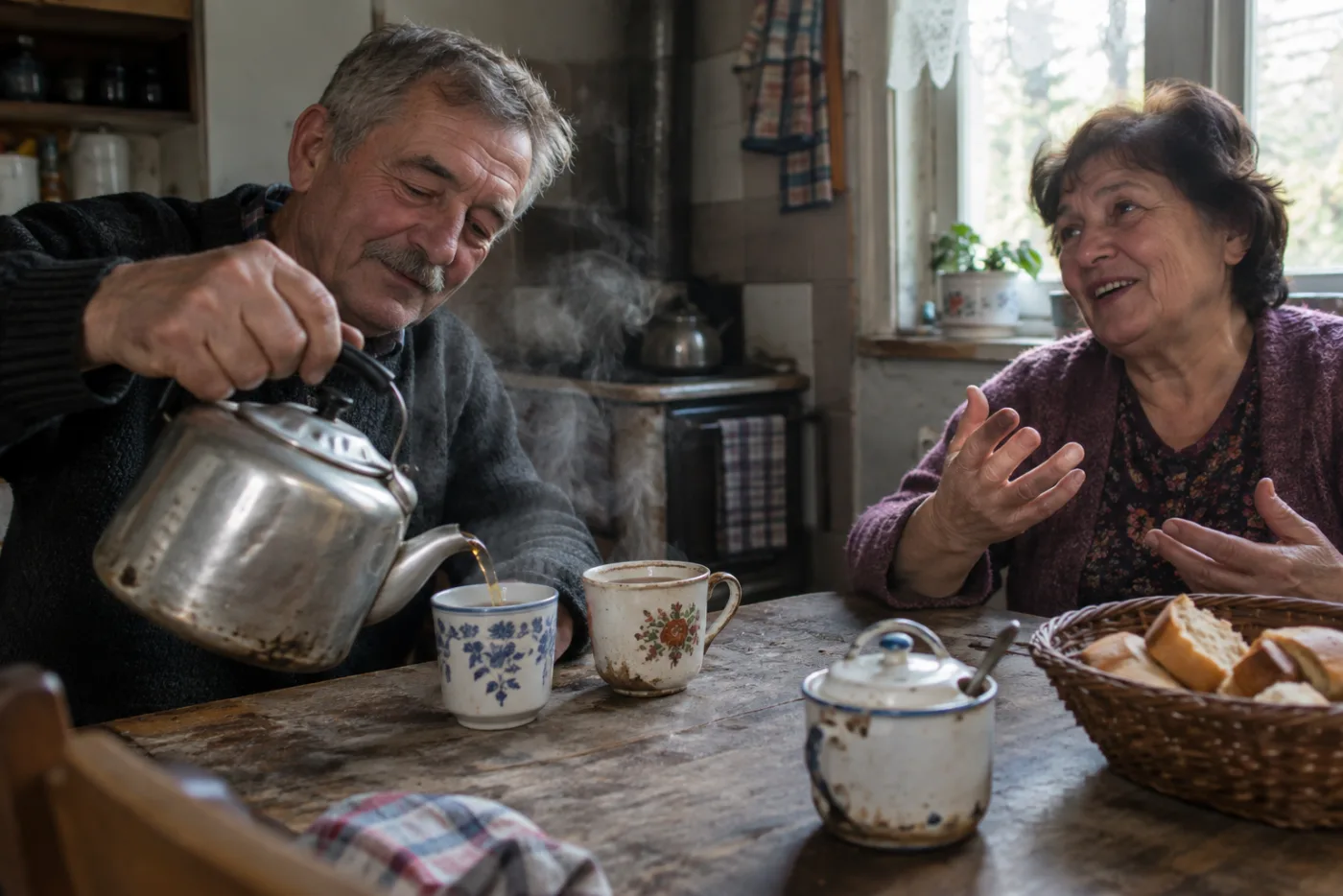 Man pouring tea while woman gestures mid-sentence at kitchen table
