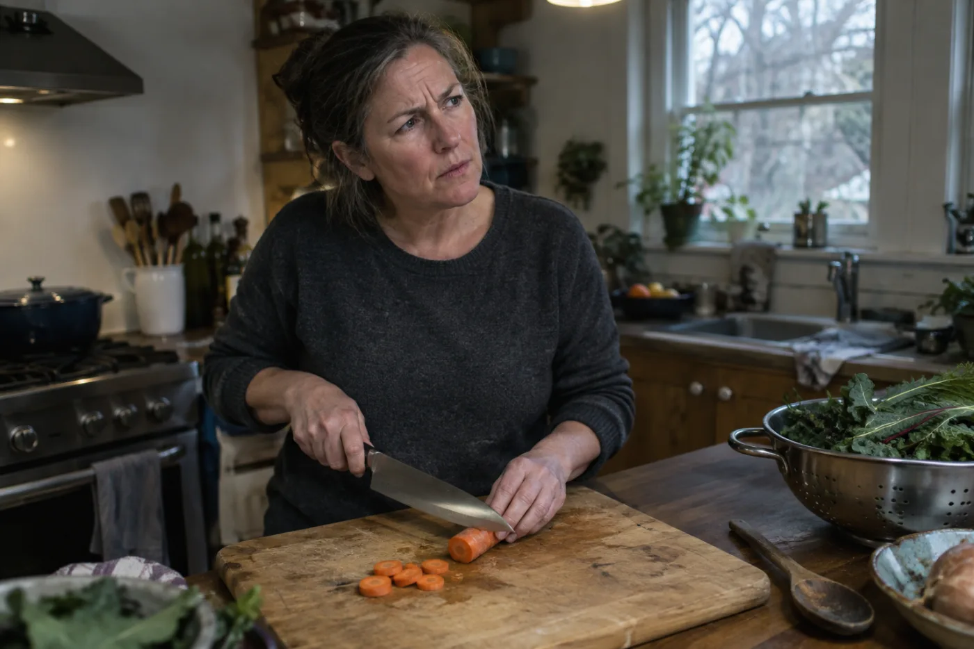 Woman pausing knife mid-slice over a carrot on a cutting board