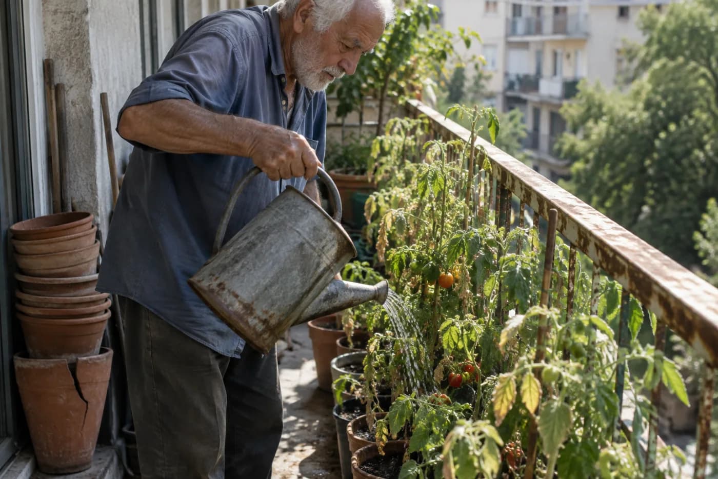 Man tipping a tin watering can over potted tomato plants on his balcony
