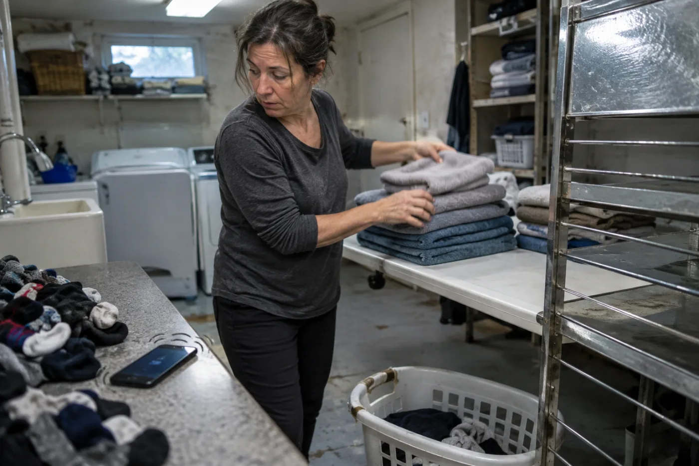 Woman stacking folded towels while phone buzzes on the counter