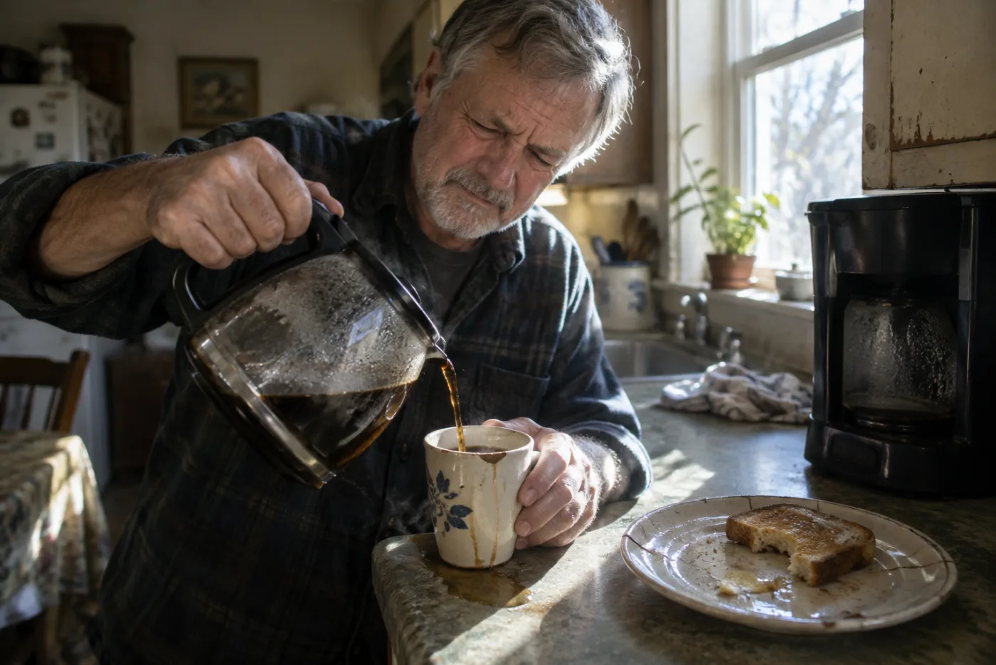 Man pouring coffee, spilling a little as he squints in morning light