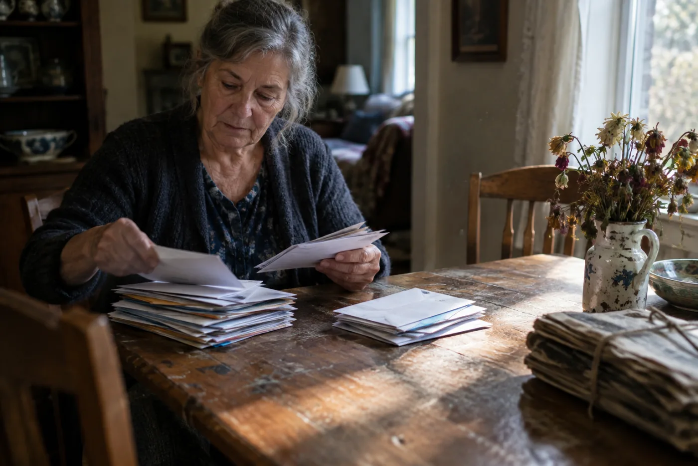 Woman quickly sorting a stack of mail into two piles at her dining table