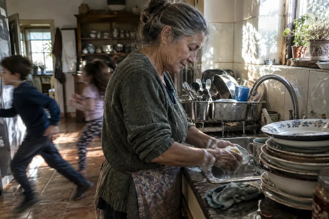 Woman washing dishes as children dash past in a noisy kitchen