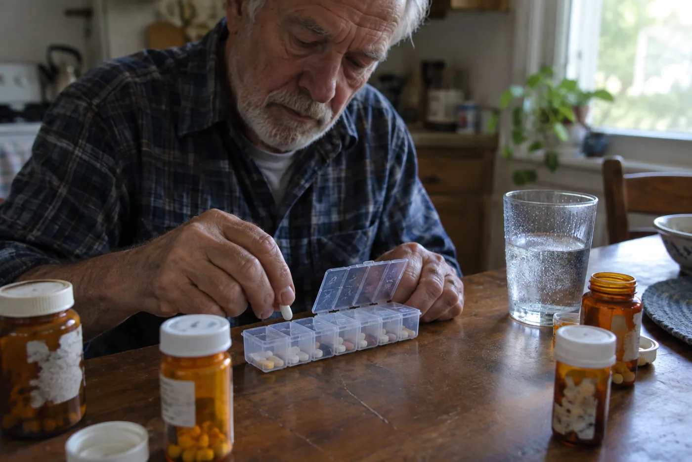 Man filling a weekly pill organizer with tablets at his table
