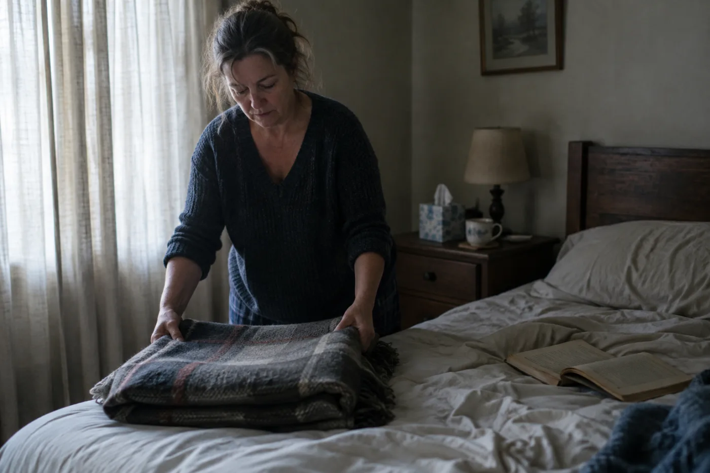 Woman folding a blanket beside tissues and tea during recovery