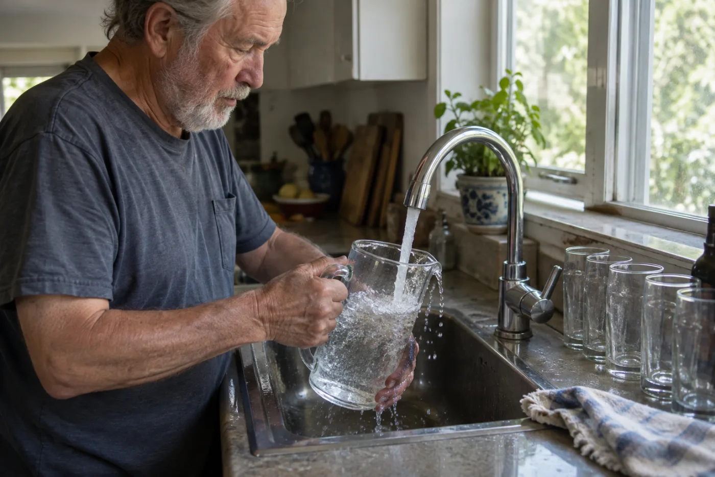 Man filling a glass pitcher under a rushing kitchen tap, water splashing over