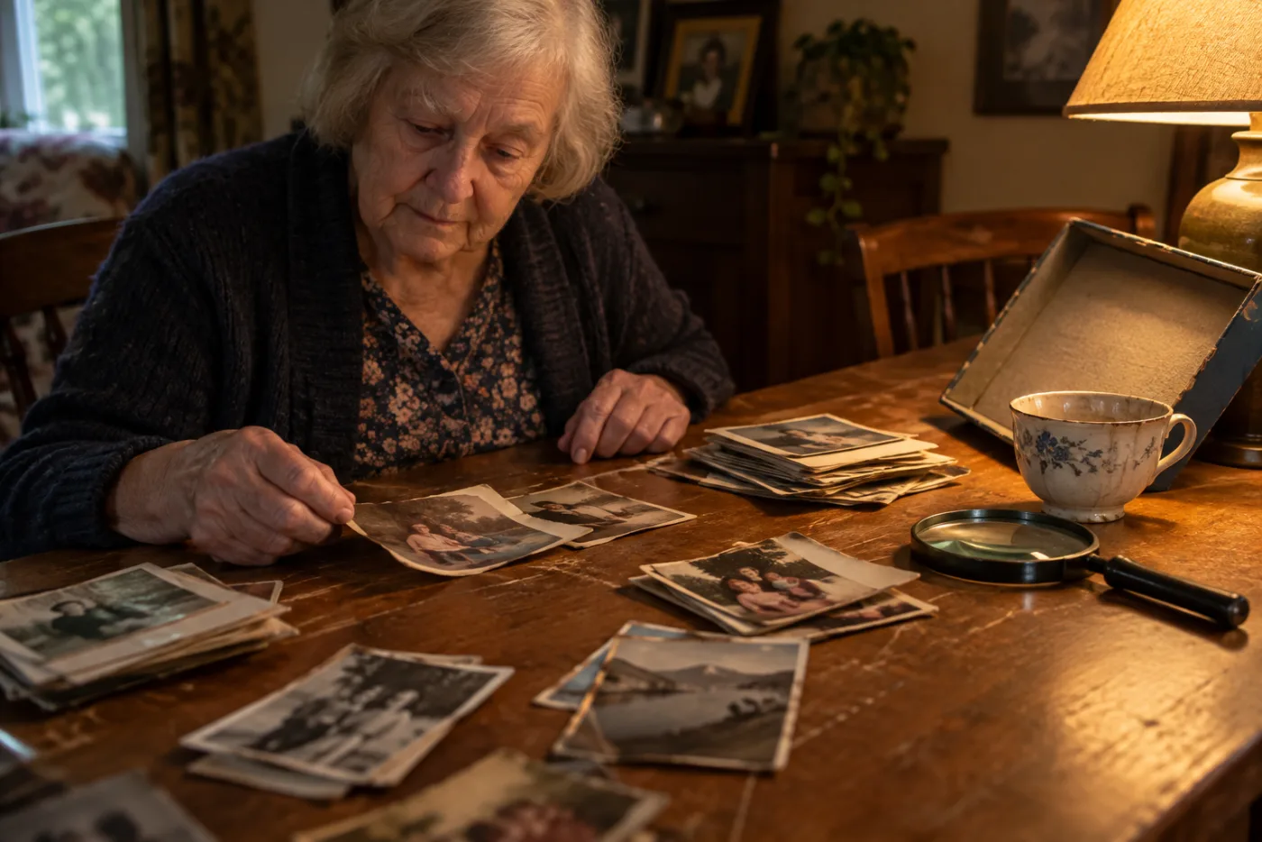 Woman sorting old photographs into piles on her dining table