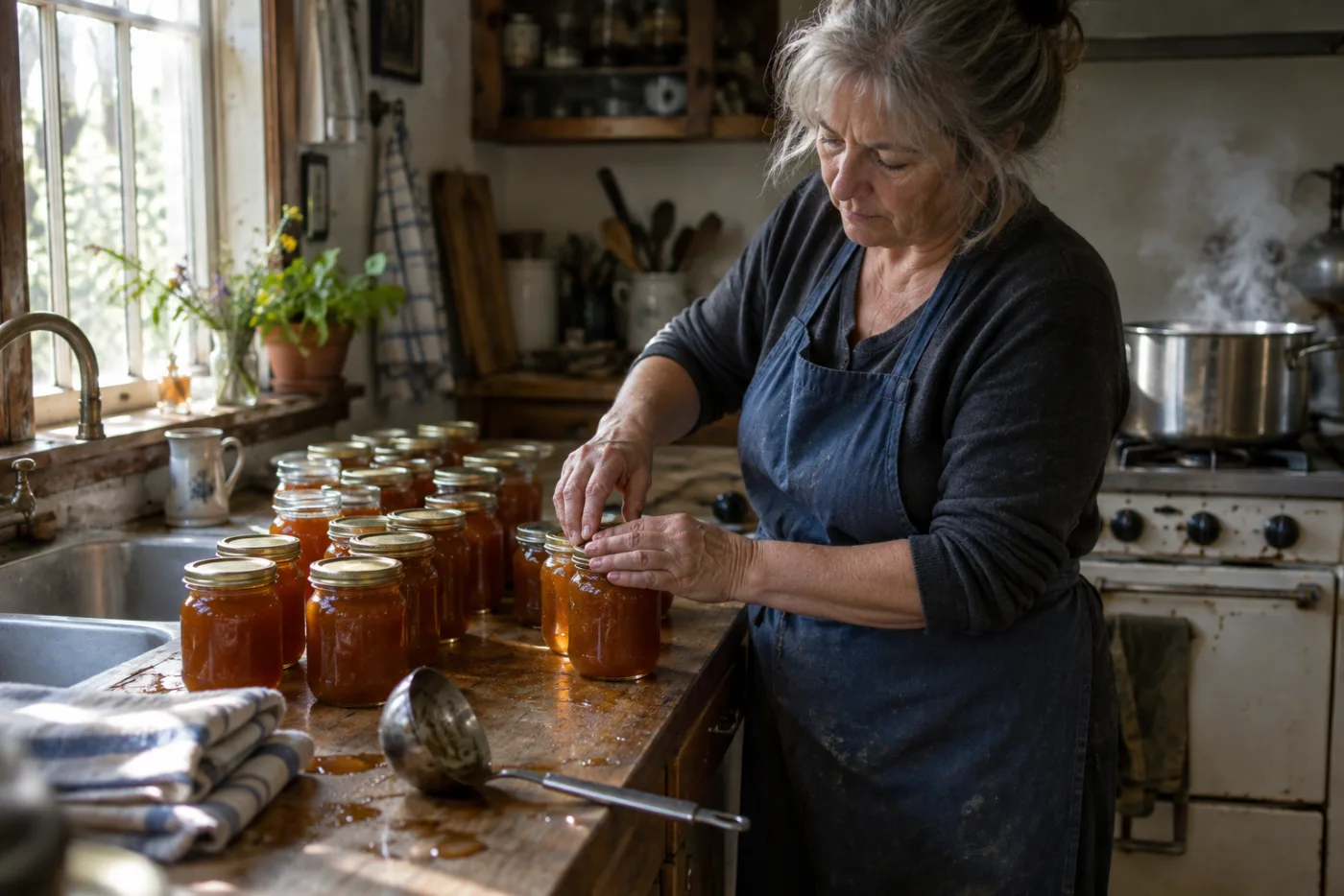 Woman pressing lids onto rows of warm jam jars on her counter