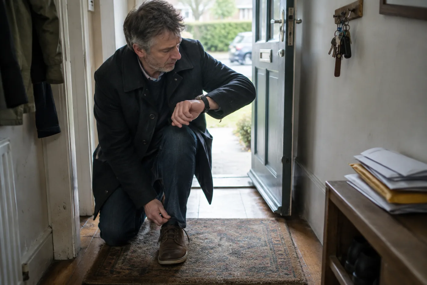 Man kneeling to tie his shoelace, coat half-buttoned, checking the time