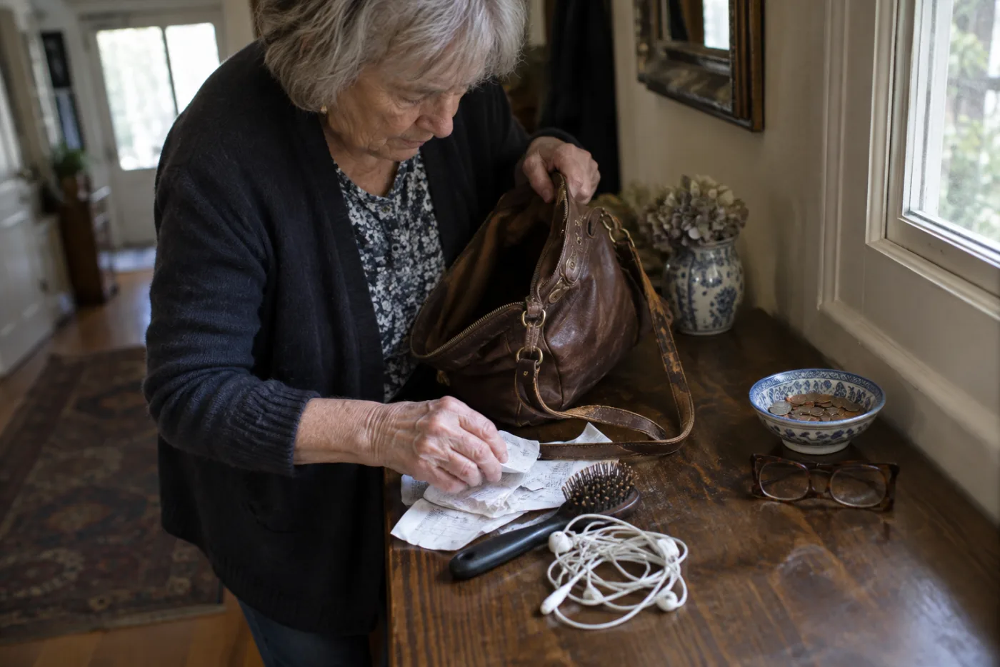 Woman dumping her handbag's contents onto a hallway table