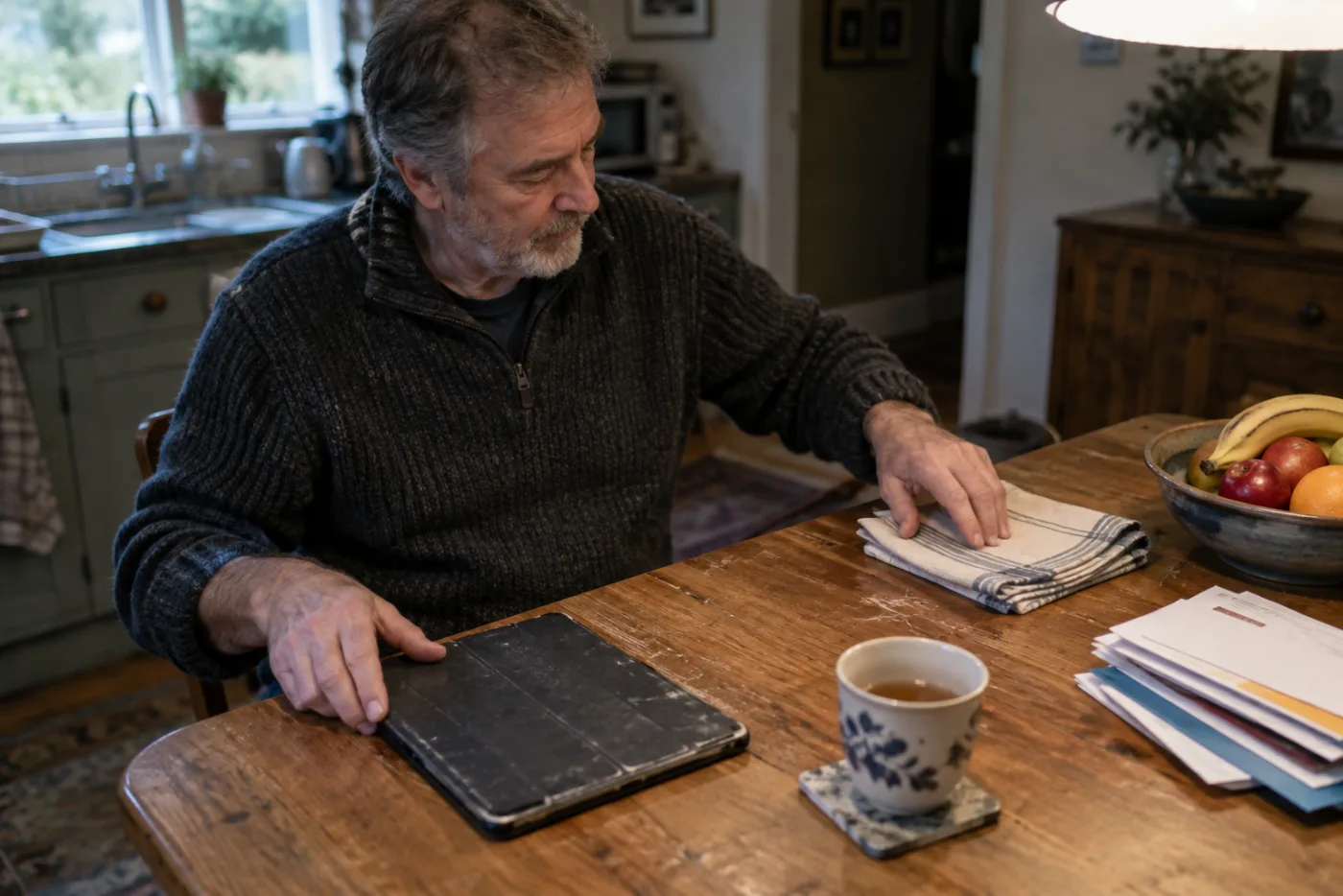Man closing a tablet to fold cloth napkins at the kitchen table
